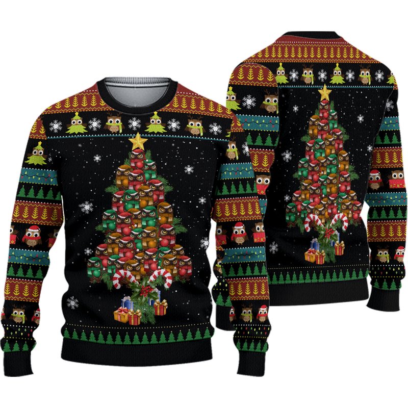 Owl Christmas Tree Ugly Christmas Sweater — Chandails pour hommes