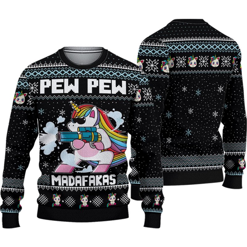 Funny Unicorn Pew Pew Madafakas Ugly Knitted Christmas Sweater — Chandails pour hommes