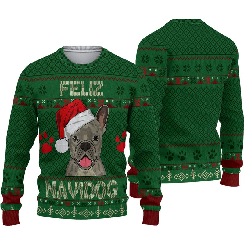 French Bulldog Feliz Navidog Ugly Wool Knitted Sweater — Chandails pour hommes