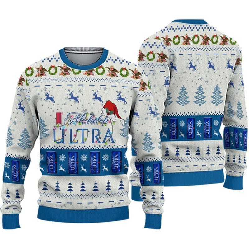 Michelob Ultra Santa Hat Christmas Ugly Christmas 3d Sweater — Chandails pour hommes