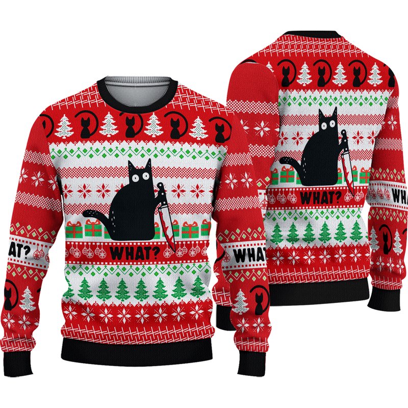 Funny Black Cat What Ugly Christmas Sweater — Chandails pour hommes