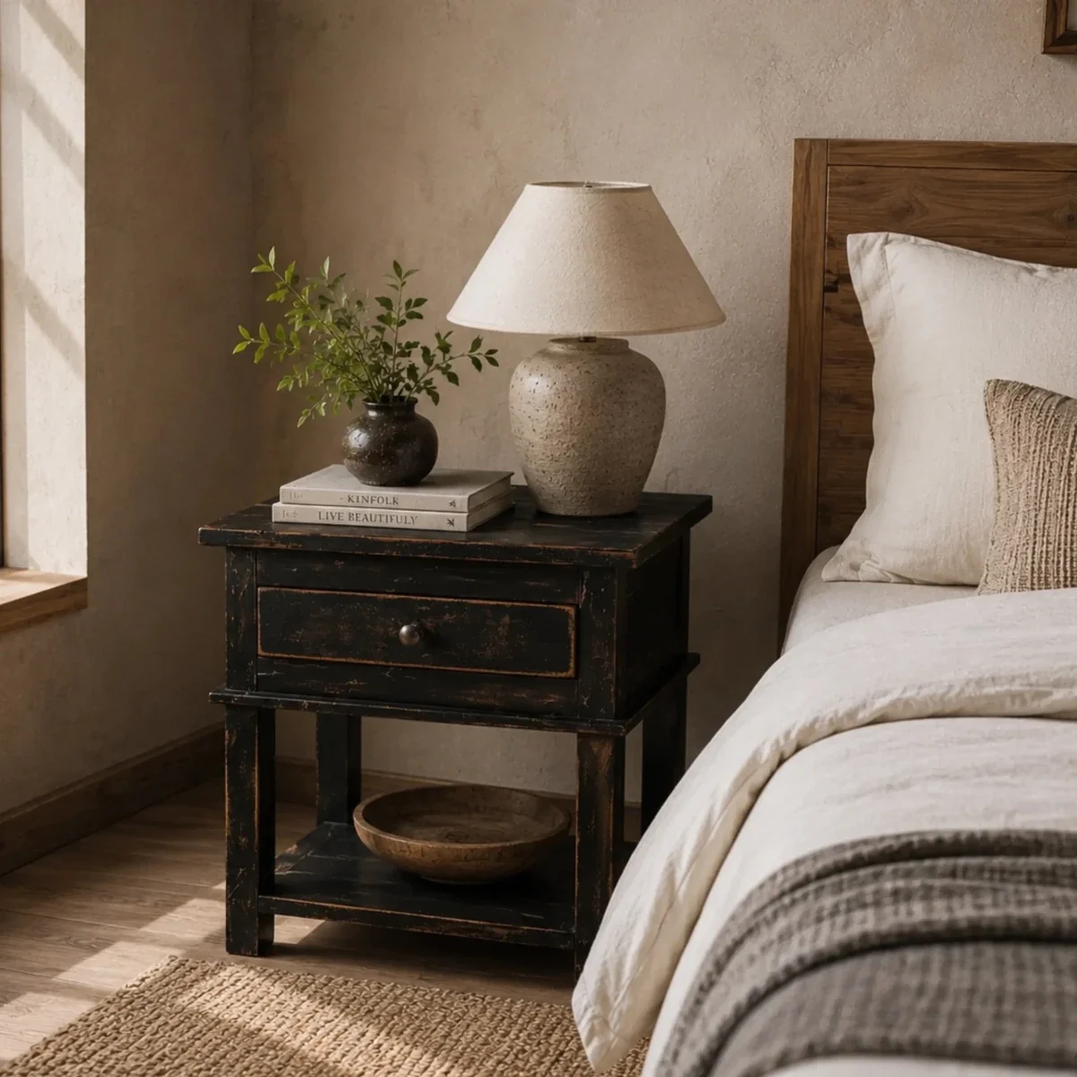 Rustic Black Bedside Table - 18 X 15 X 18 inch