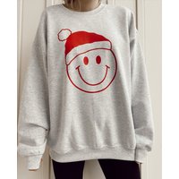 Smiley Face Christmas Sweatshirt / Light Grey / Santa Hat