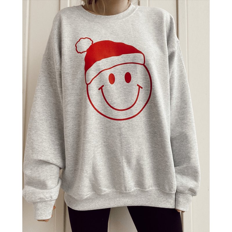 Smiley Face Christmas Sweatshirt / Light Grey / Santa Hat — Mens Hoodies