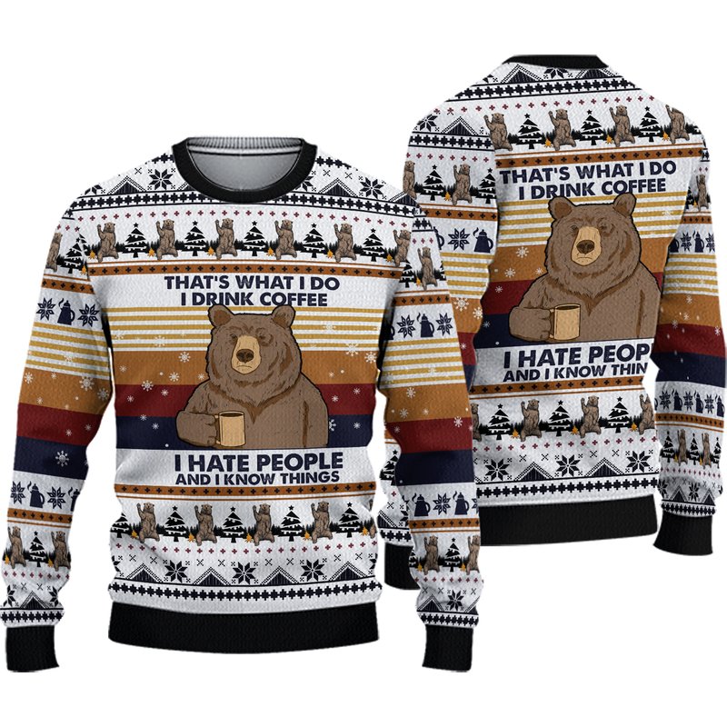 Bear Drinking Coffee Ugly Knitted Christmas 3d Sweater — Chandails pour hommes