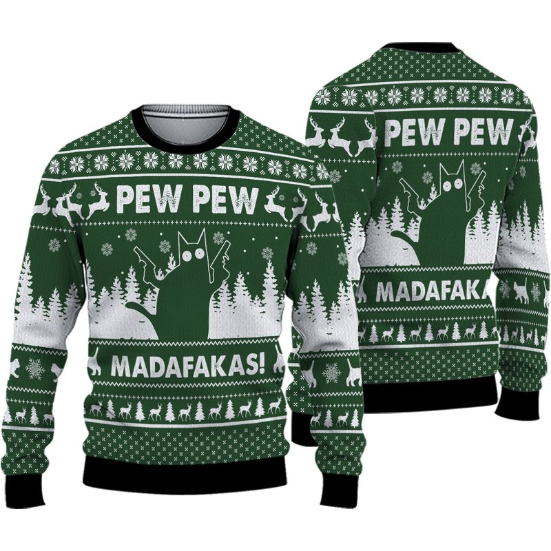 Pew Madafakas Pew Funny Black Cat Ugly Knitted Christmas 3d Sweater — Chandails pour hommes