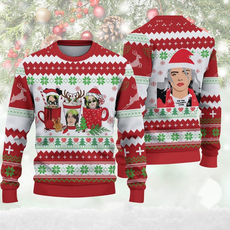 Billie Eilish Christmas Ugly Sweater, Christmas Knitted Sweater — Chandails pour hommes