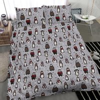 King Size White Grey Christmas Snowy Penguins And Stars Bedding Set