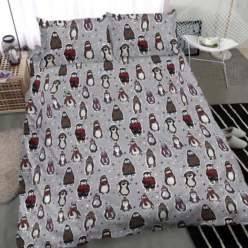 King Size White Grey Christmas Snowy Penguins And Stars Bedding Set — Housses de couette