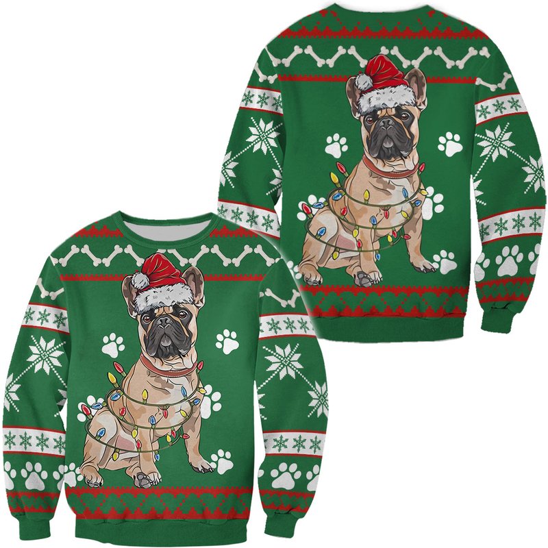 3d French Bulldog Green Christmas Sweater — Chandails pour hommes