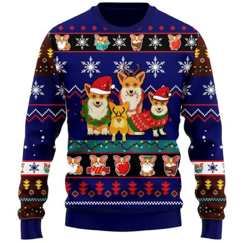 3d Corgi Cute Noel Mc Christmas Blue Ugly Sweater — Chandails pour hommes