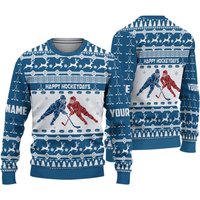 3d Hockey Cross Check Blue Personalized Ugly Sweater