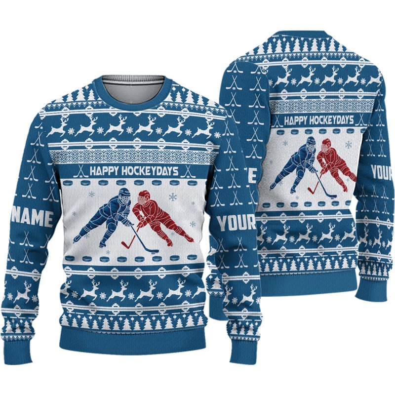 3d Hockey Cross Check Blue Personalized Ugly Sweater — Chandails pour hommes