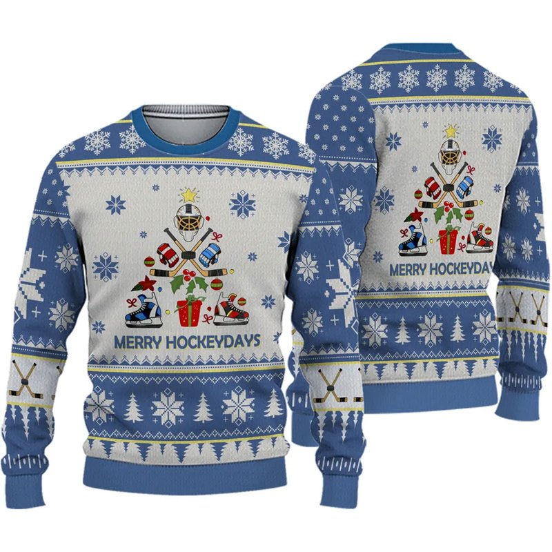3d Hockey Blue Christmas Tree Ugly Sweater — Mens Sweaters