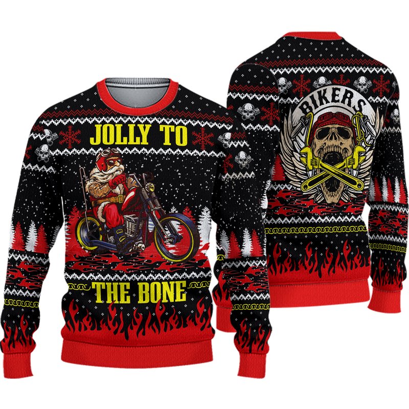 3d Jolly To The Bone Biker Christmas Gift All Over Print Ugly Sweater — Chandails pour hommes
