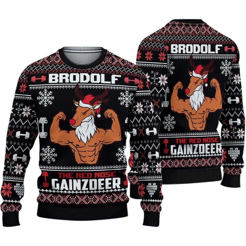 Brodolf The Red Nose Gainzdeer Gym Ugly Christmas Sweater — Chandails pour hommes
