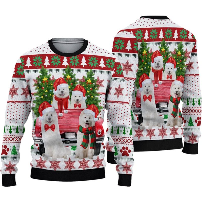 Lovely Samoyed Red Truck And Christmas Tree Ugly Sweater — Chandails pour hommes