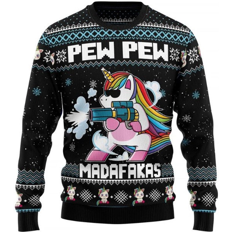 Unicorn Pew Pew Ugly Christmas Sweater - Fun Design — Chandails pour hommes