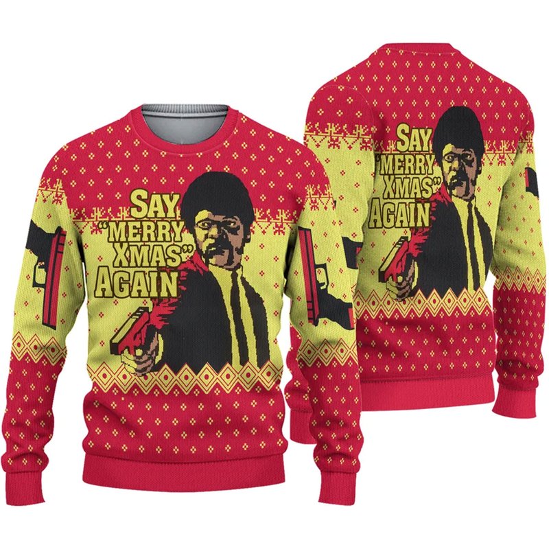 Pulp Fiction Say Merry Xmas Again Ugly Knitted Christmas Sweater — Chandails pour hommes