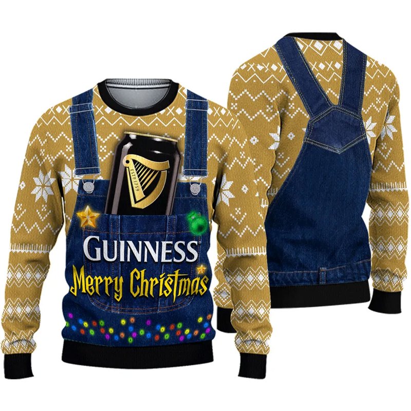 Merry Christmas Guinness Christmas Ugly Sweater, Xmas Sweater Knitted Ugly 3d — Chandails pour hommes