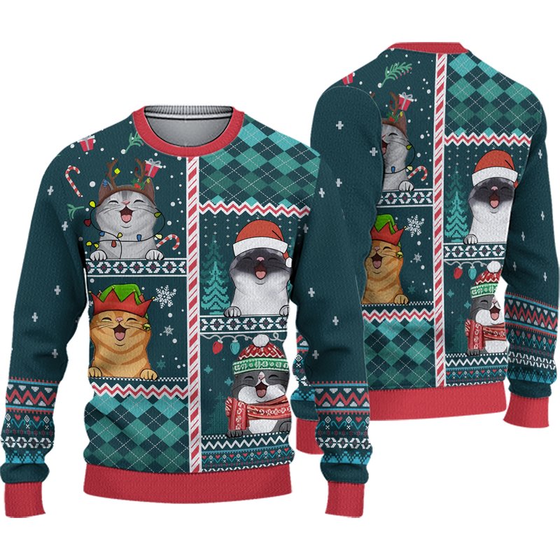 Meow You A Merry Christmas Personalized Cat Ugly Christmas Sweater — Chandails pour hommes