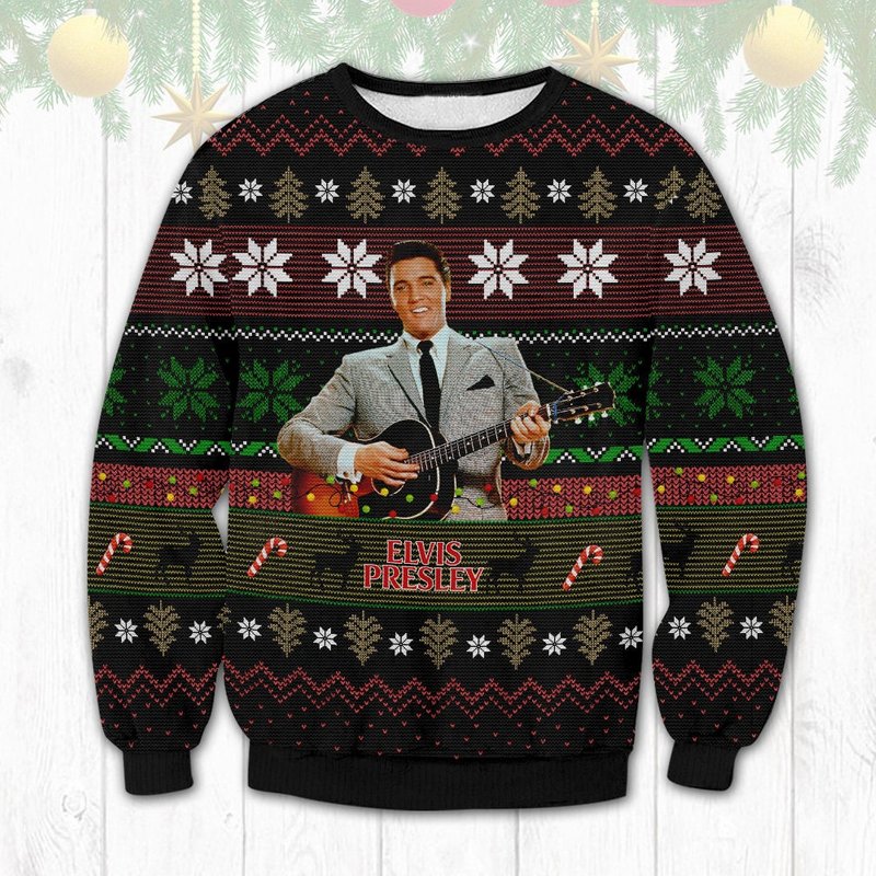 Elvis Presley Guitar Love Ugly Christmas Knitted Sweater, Christmas Ugly Sweater — Chandails pour hommes