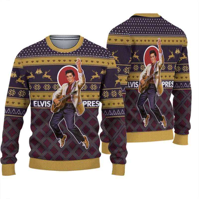 Elvis Presley King Of Rock Brown Love Ugly Christmas Knitted Sweater — Chandails pour hommes