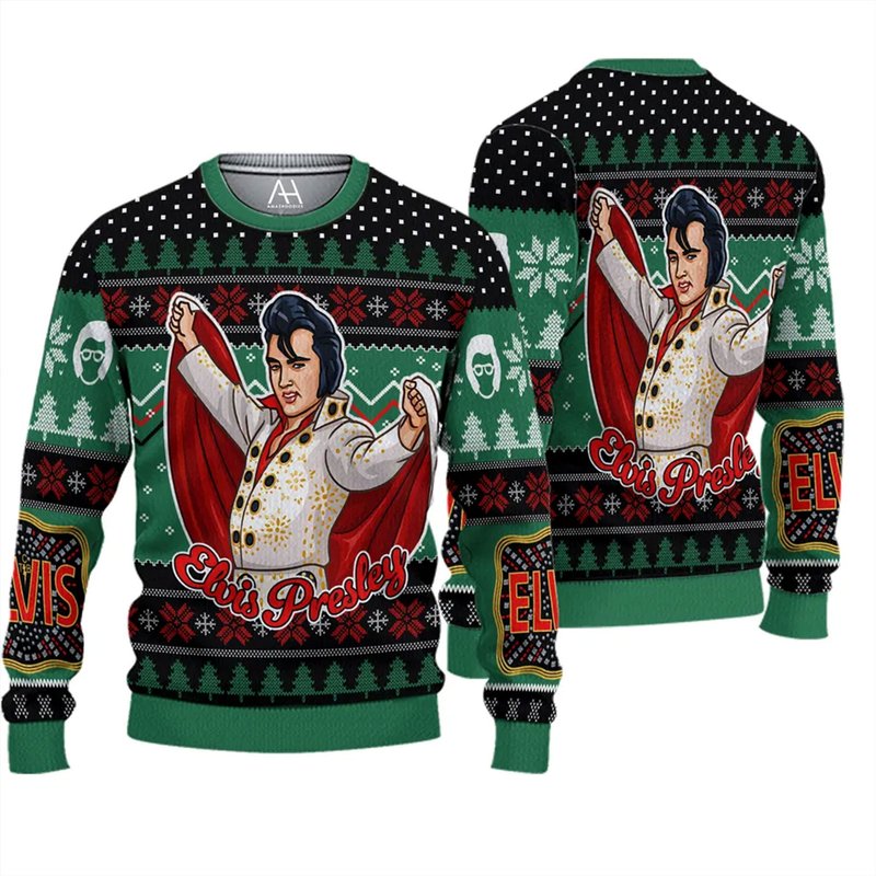 Elvis Presley King Of Rock Love Ugly Christmas Knitted Sweater — Chandails pour hommes