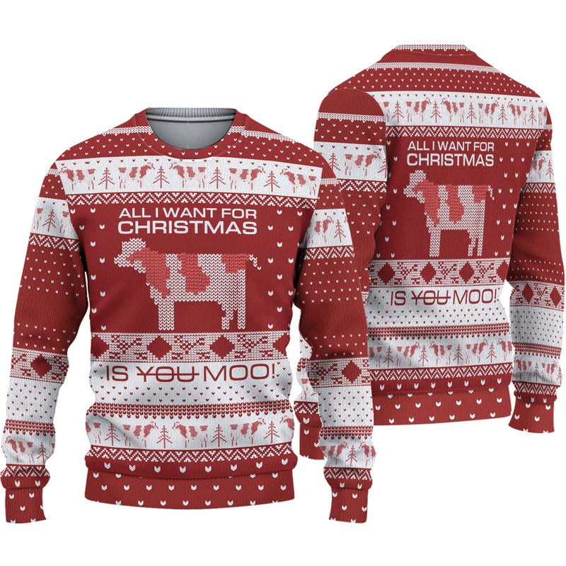 All I Want For Christmas Is You Moo Pattern Red Ugly Christmas 3d Sweater — Chandails pour hommes