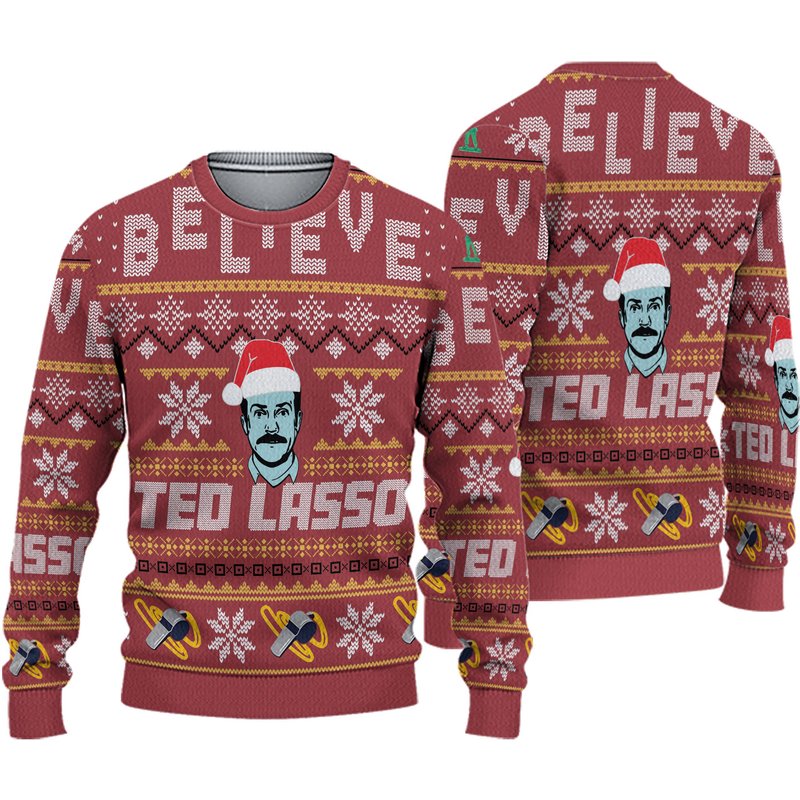 Belive T E D L A S S O Knitted Believe Ugly Christmas 3d Sweater — Chandails pour hommes