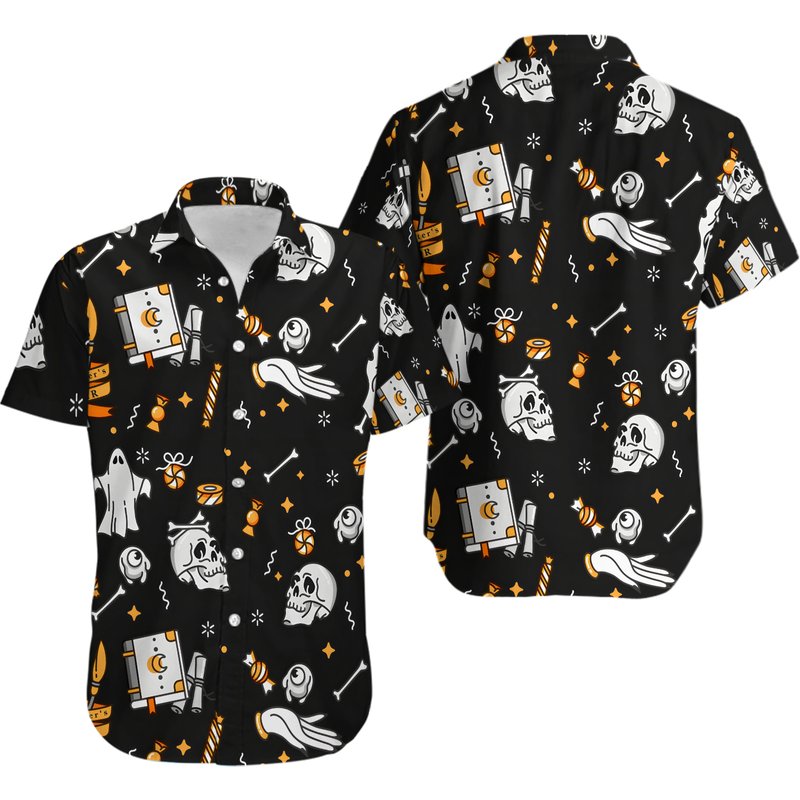 Halloween Funny All Over Skull Hawaiian Shirt — Chemises décontractées pour hommes