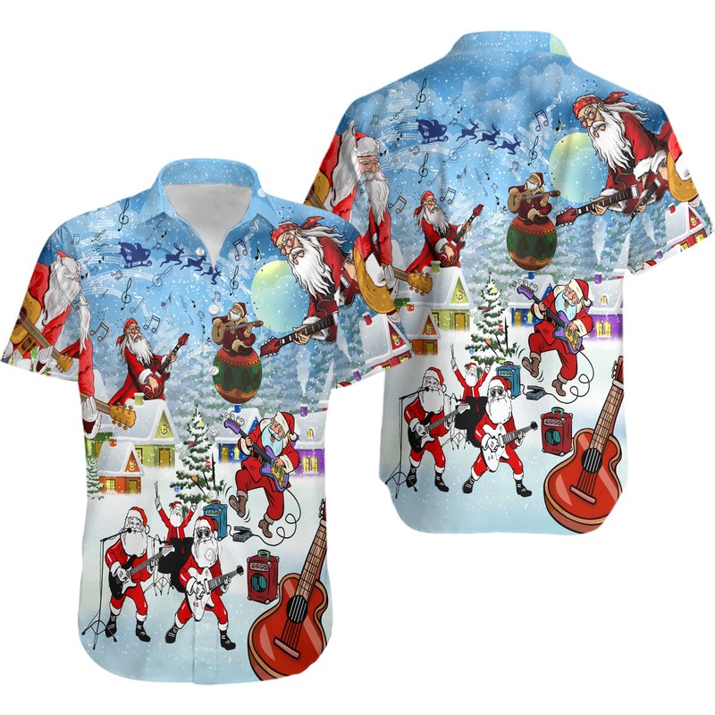 Funny Santa Clause Playing Guitar Christmas Hawaiian Shirt — Chemises décontractées pour hommes
