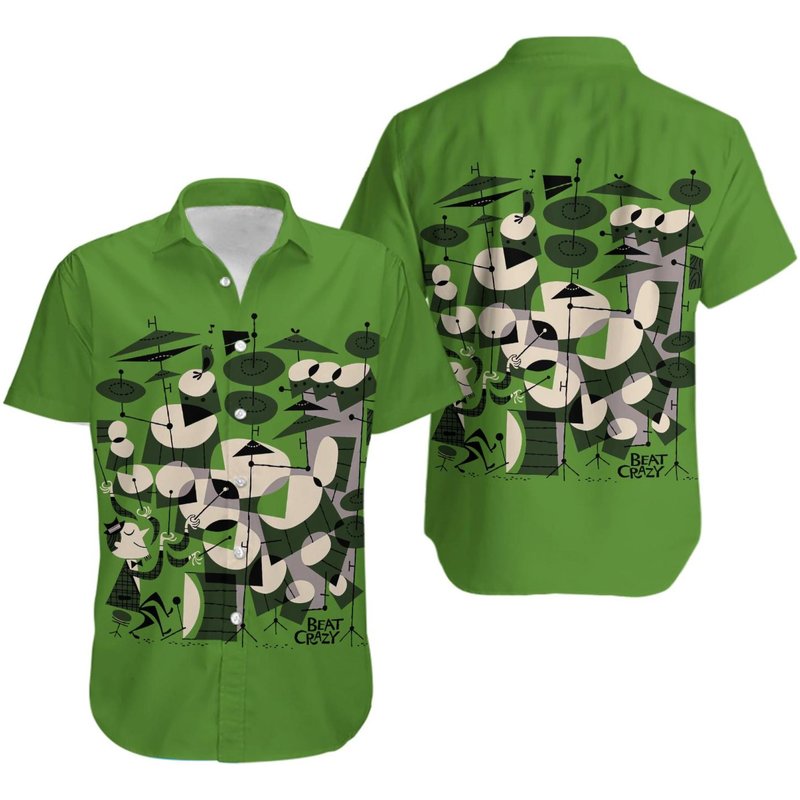 Drum Pattern On Green Hawaii Shirt, Tropical Summer Holiday Hawaiian Shirt — Chemises décontractées pour hommes