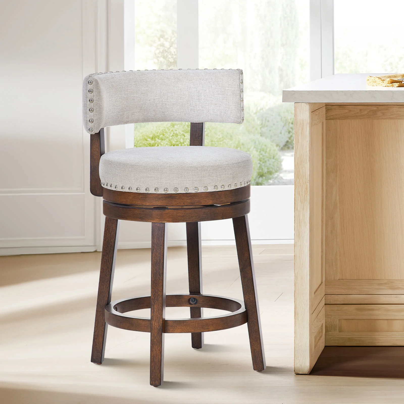 Colamy Reno Wooden Upholstered Swiveling Vintage Counter Height Bar Stools - Beige / Set of 1