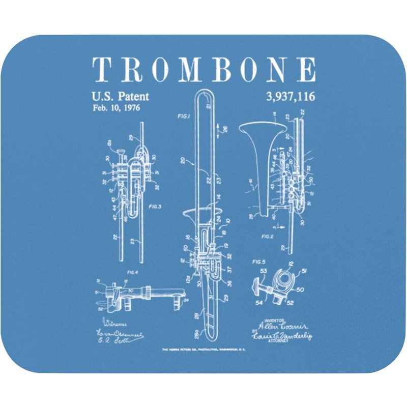 Trombone Old Vintage Patent Drawing Print White - Trombone - Mouse Pads