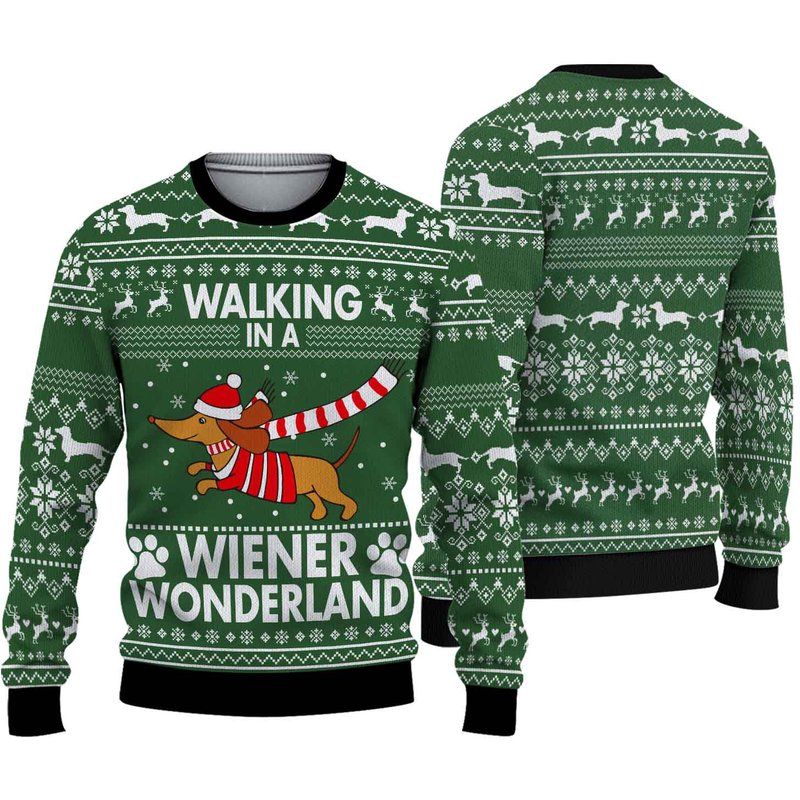 Dachshund Dog Walking In A Wiener Wonderland Christmas Ugly Sweater — Chandails pour hommes
