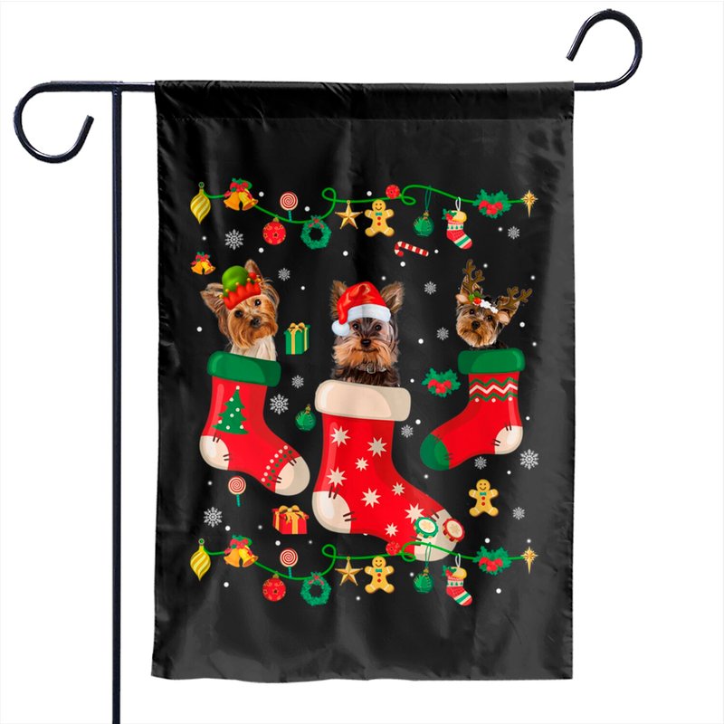 Yorkie Christmas Socks Tree Light Xmas Santa Hat Dog Lover Garden Flags — Decorative Flags