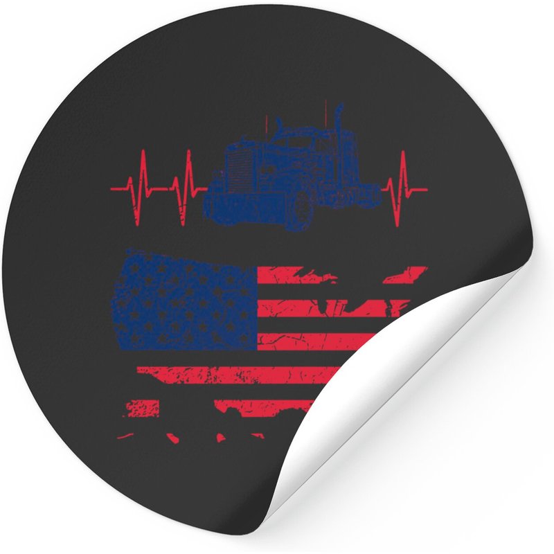 Truck Driver Heartbeat American Flag - American Trucker - Stickers — Stickers & Decals