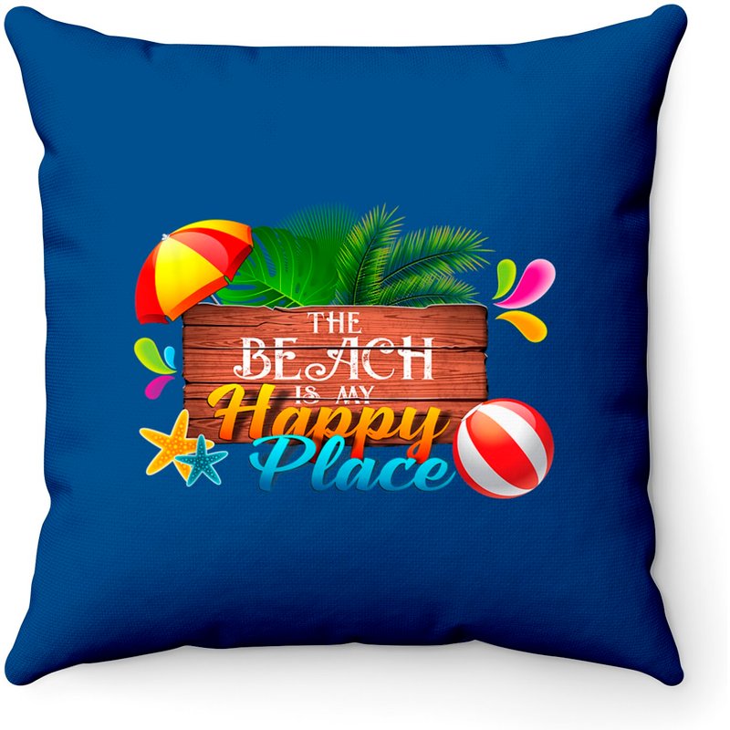 The Beach Is My Happy Place Vacation Summer Throw Pillows — Decorative Cushions