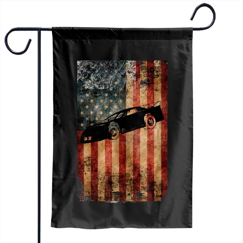 Late Model Dirt Track Racing Gifts Distressed American Flag Garden Flags — Drapeaux décoratifs