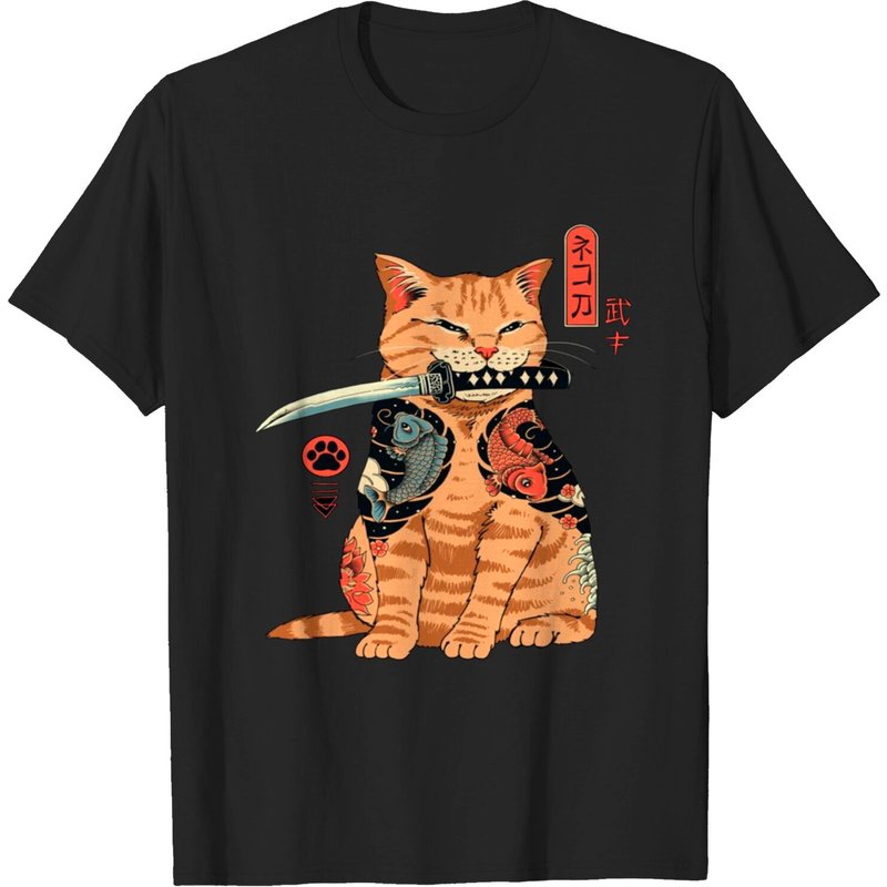 Japanese Samurai Ninja Cat Kawaii Tattoo Graphic T-shirts — T-shirts pour hommes