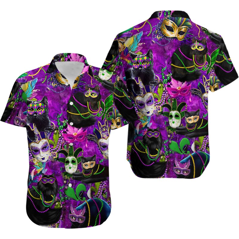 Cat Mardi Gras Purple Black Hawaiian Shirt — Chemises décontractées pour hommes
