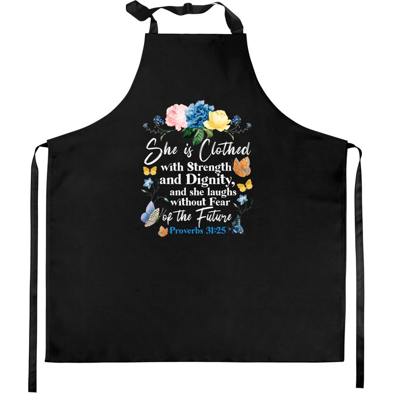 She Laughs Without Fear Of The Future Kitchen Aprons Christian Bible Verse Butterfly Rose Flower Proverbs 31:25 — Tabliers de cuisine