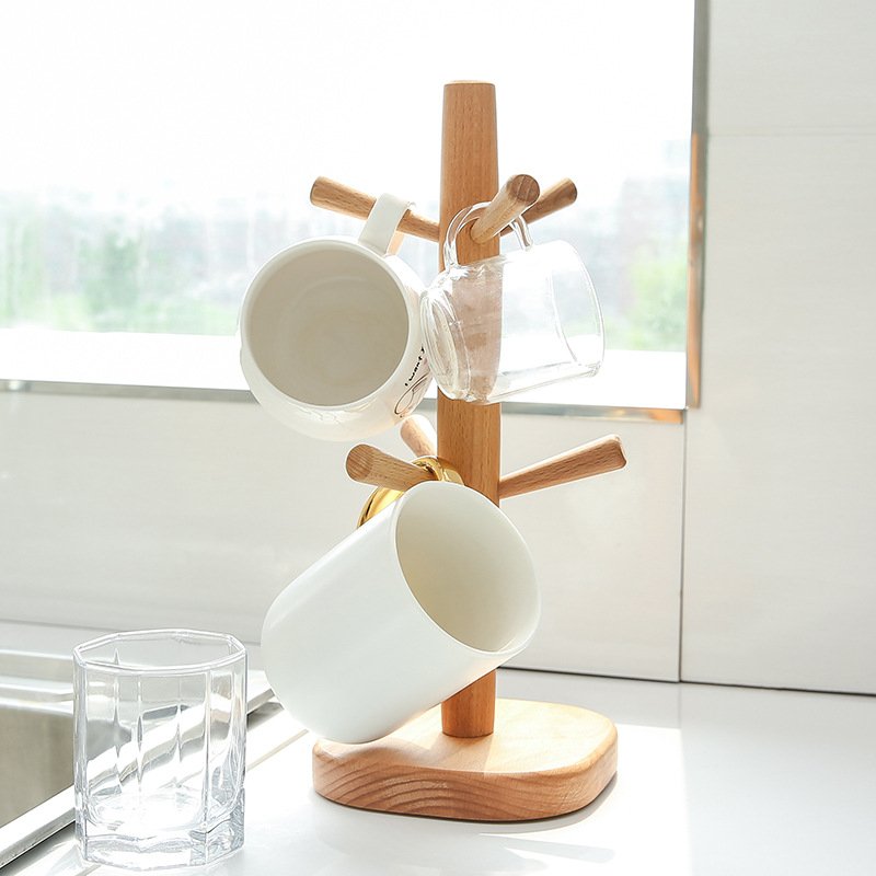 Wooden Mug Rack Holder Stand, Mug Tree Holder With 6 Hooks Cups — Tasses et gobelets
