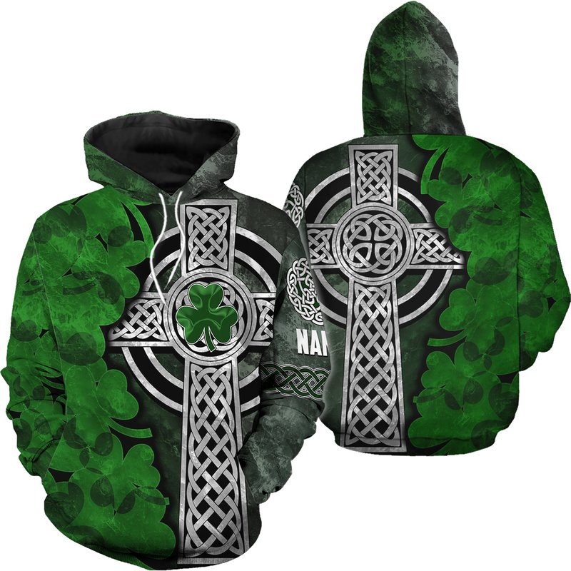 3d All Over Printed Customize Name Irish Shamrock And Cross Hoodie For St Patrick's Day — Sweats à capuche pour hommes
