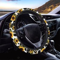 Frestree Car Steering Wheel Cover Sunflower Cow Print