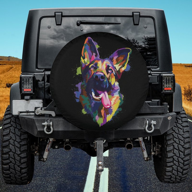 German Shepherd Dog Face Watercolor Colorful Pop Splash Art Spare Tire Cover — Truck Accessories