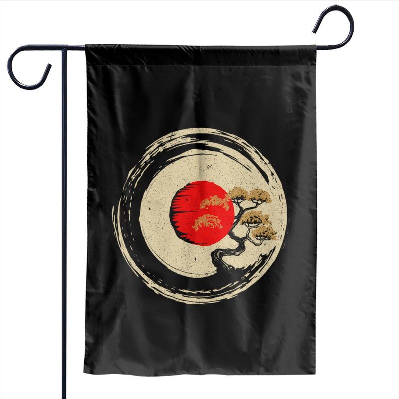 Bonsai Tree In Japanese Zen Buddhist Enso Circle Garden Flags — Drapeaux décoratifs