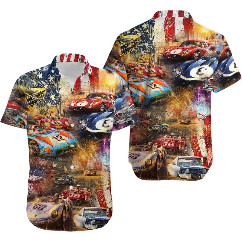 Car Racing Independence Day America Hawaiian Shirt — Chemises décontractées pour hommes