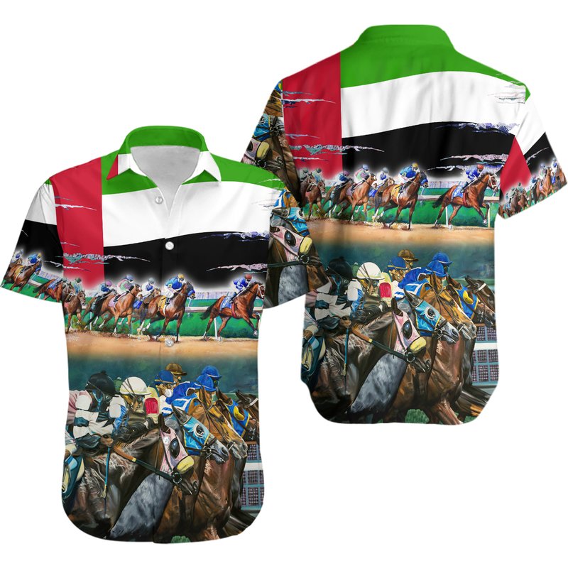Horse Uae Flag Horse Racing Seat Lover Hawaiian Shirt — Chemises décontractées pour hommes